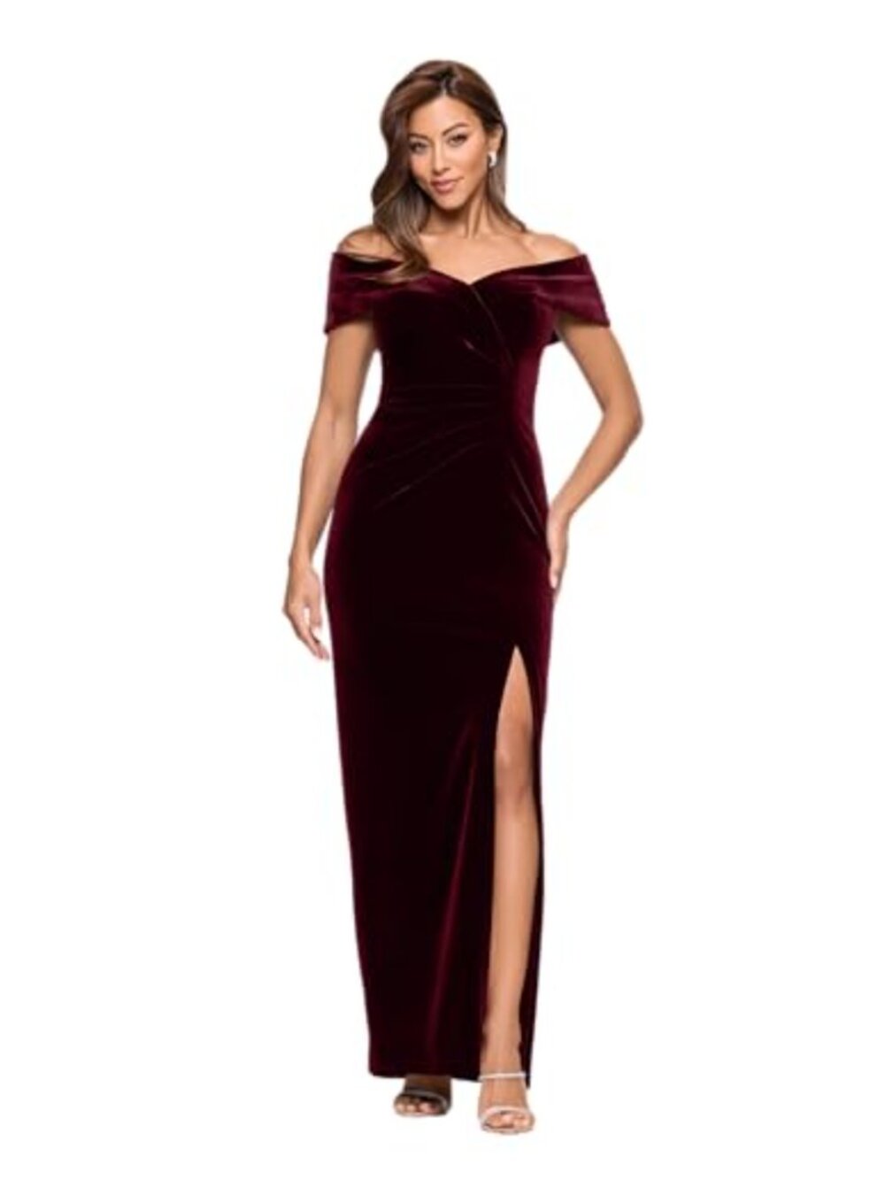 Long Velvet Off-the-Shoulder Gown with Leg Slit and Center Back Zipper
